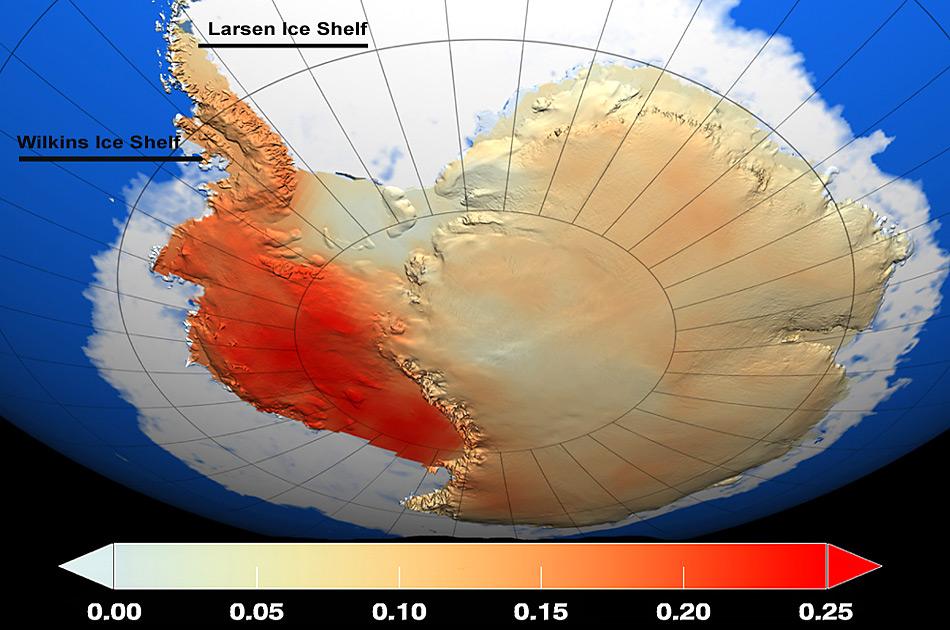 Die globale Erwärmung der letzten 50 Jahre hat eine Zweiteilung der Antarktis zur Folge, wobei sich der Westen stärker erwärmt als der Osten (rot markiert).