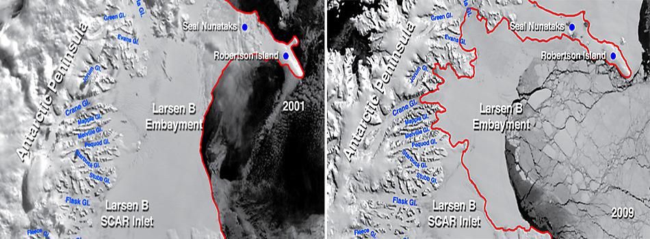 Der Zusammenbruch des «Larsen B Ice Shelf» innerhalb von acht Jahren gehört zu den grössten Eisverlusten an der Antarktischen Halbinsel. Die neue Küstenlinie ist rot markiert.