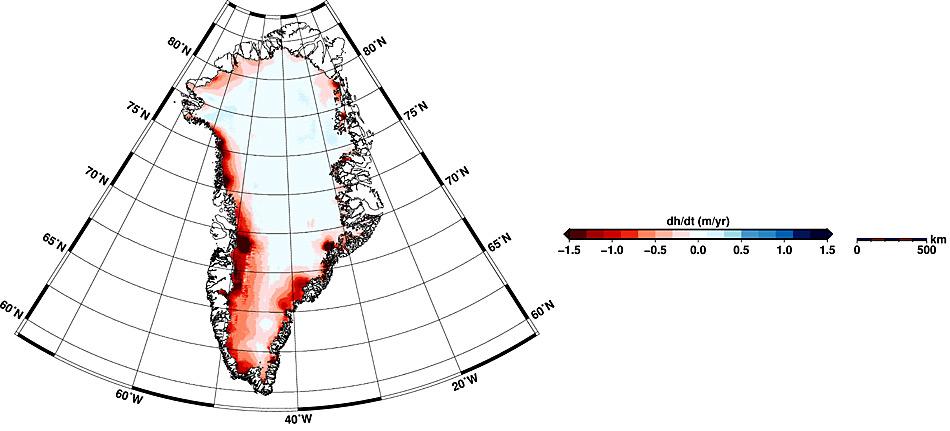 Karte der HÃ¶henverÃ¤nderungen des grÃ¶nlÃ¤ndischen Eisschildes fÃ¼r den Zeitraum Januar 2011 bis Januar 2014. Die roten FlÃ¤chen markieren Regionen, in denen die Gletscher in den zurÃ¼ckliegenden drei Jahren an Volumen eingebÃ¼Ãt haben, in den blau schraffierten Regionen sind die Gletscher gewachsen.