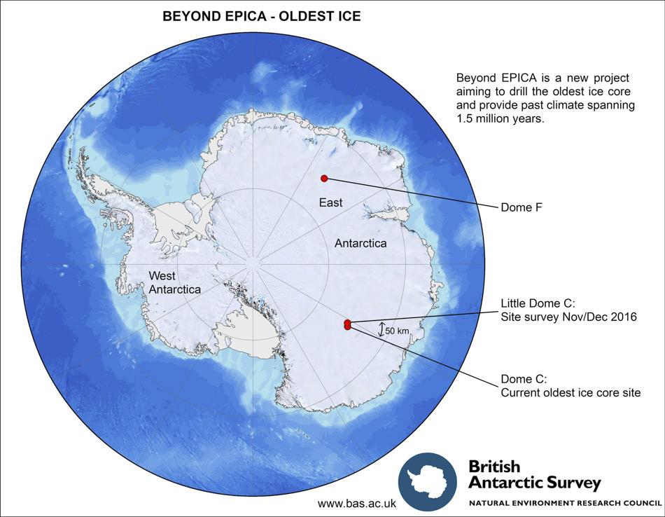 FÃ¼r die Standortwahl der Eisbohrung konzentrieren sich die Wissenschaftler des BE-OI Teams auf zwei Gebiete, dort hoffen sie das Ã¤lteste Eis der Erde zu finden: Dome C und Dome F in der Ostantarktis (Bild: British Antarctic Survey)