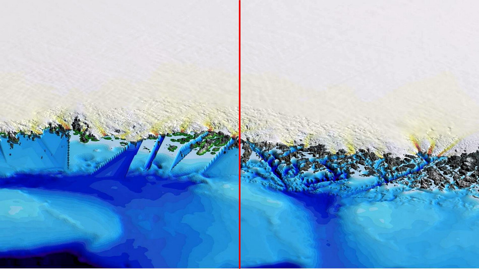 Die grÃ¶nlÃ¤ndische Topographie im Farbcode von 1â500 m unter dem Meer (dunkelblau) bis 1â500 Ã¼. M. (braun). Rechts: Gebiete, die mit dem Meeresboden verbunden sind in verschiedenen Tiefen (pink â dunkelrot). Bild NASA