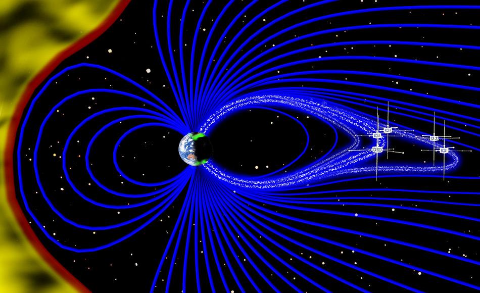 Bild eines Querschnitts der MagnetosphÃ¤re, mit dem Sonnenwind auf der linken Seite in Gelb und den magnetischen Feldlinien ausgehend von der Erde in Blau. In diesem instabilen Umfeld, strÃ¶men Elektronen im erdnahen Weltraum, als weisse Punkte dargestellt, schnell nach unten den magnetischen Feldlinien entlang in Richtung Pole und bilden die Auroren. Bild: Emmanuel Masongsong / UCLA EPSS / NASA