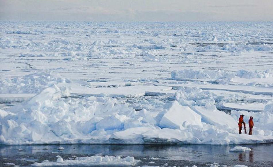 Wissenschaftler nehmen arktische Meereisproben in der NÃ¤he von Spitzbergen. Die Untersuchung dieser Proben gestattet ihnen, die Faktoren, die die Entwicklung des Meereises beeinflussen, besser zu verstehen und damit letztendlich die Klimamodelle zu verbessern. Bild: Dirk Notz